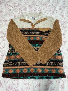 Cozy Sherpa Ski Pullover Jacket - Brown/Tan/Teal